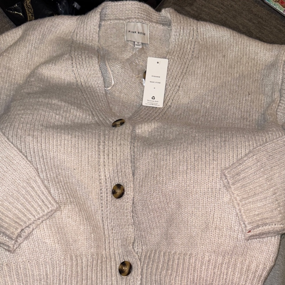 Pink Rose Beige Cardigan with Button Detail